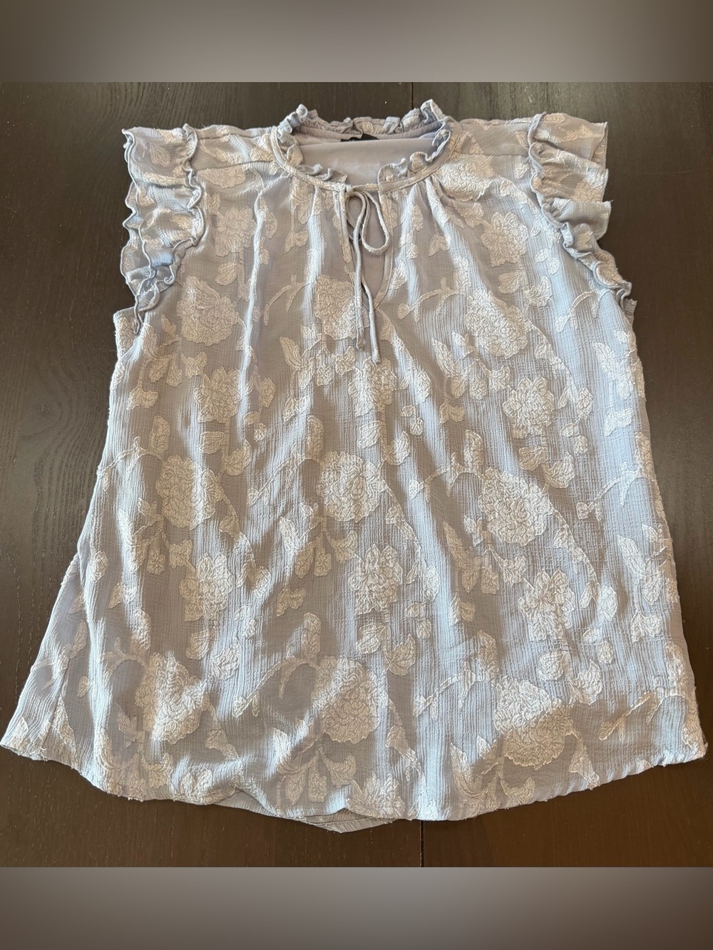 Light Blue Floral Tie-Neck Ruffle Sleeve Blouse
